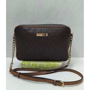 Michael Kors Brown Leather MK Printed Zipper Closure Chain Strap Crossbody Bag